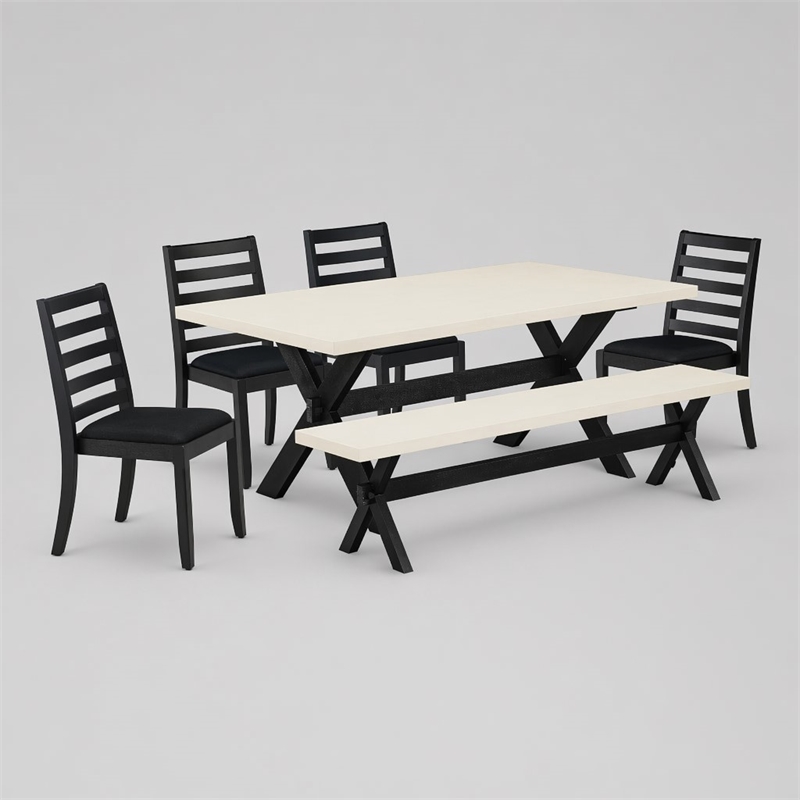 Pemberly Row 6-Piece Wood Kitchen Table Set with Bench in Linen White Finish