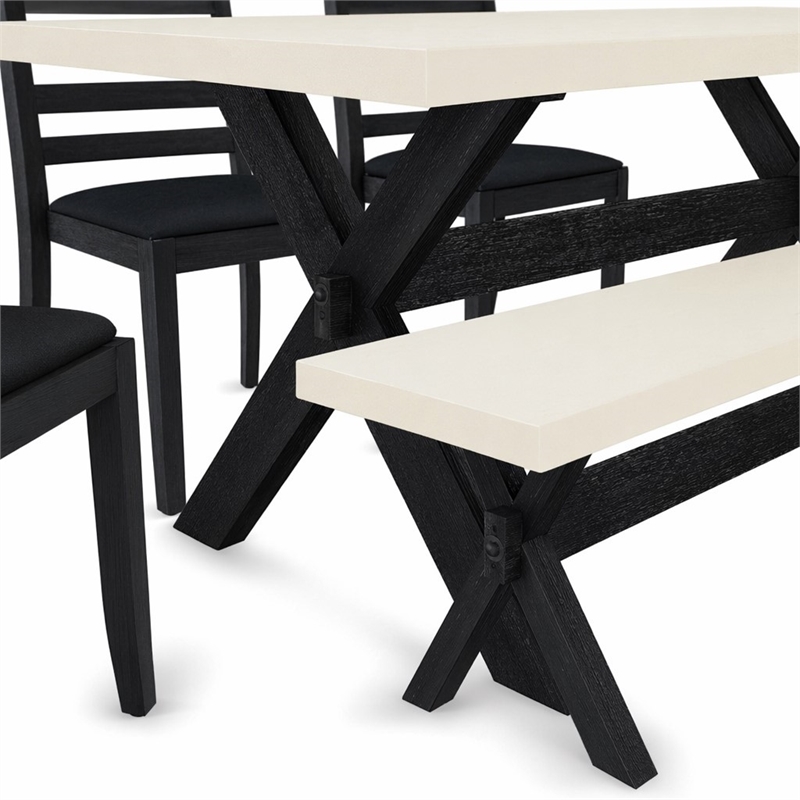 Pemberly Row 6-Piece Wood Kitchen Table Set with Bench in Linen White Finish