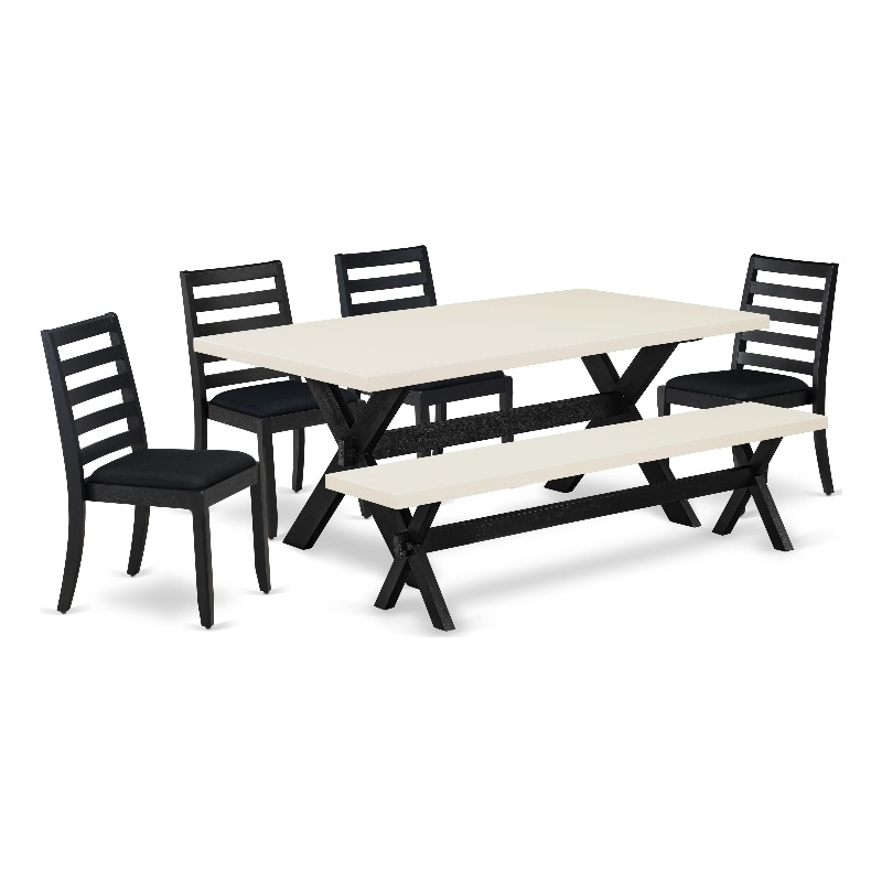 Pemberly Row 6-Piece Wood Kitchen Table Set with Bench in Linen White Finish