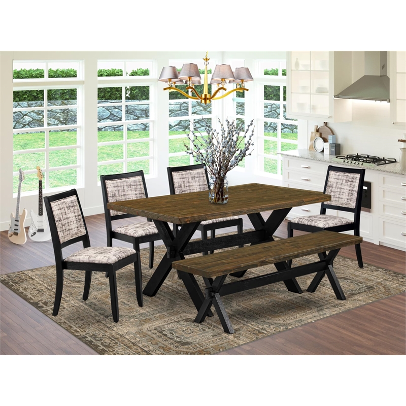 Pemberly Row 6-Piece Dining Table Set with Bench Rubberwood Jacobean
