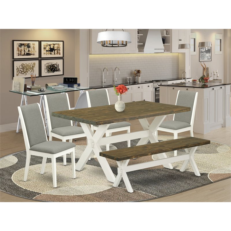 Pemberly Row 6-Piece Wood Dining Set with Bench in Linen White/Shitake Finish
