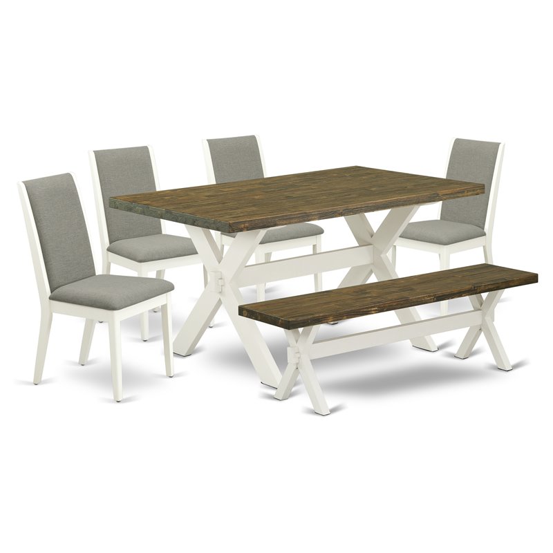 Pemberly Row 6-Piece Wood Dining Set with Bench in Linen White/Shitake Finish