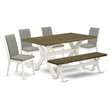 Pemberly Row 6-Piece Wood Dining Set with Bench in Linen White/Shitake Finish