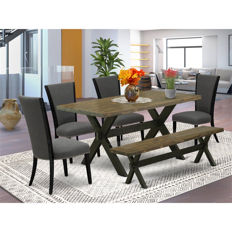 Pemberly Row 6-Piece Wood Kitchen Table Set in Black with Bench
