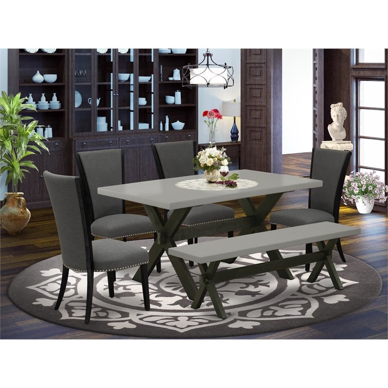 Pemberly Row 6-Pc Wood Dining Set with Cement Tabletop and Bench