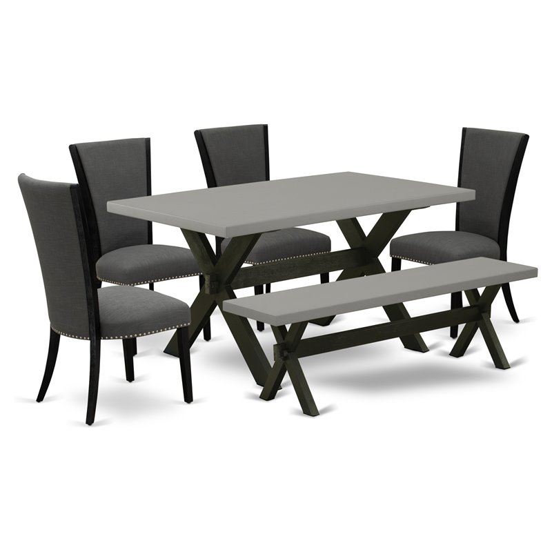 Pemberly Row 6-Pc Wood Dining Set with Cement Tabletop and Bench