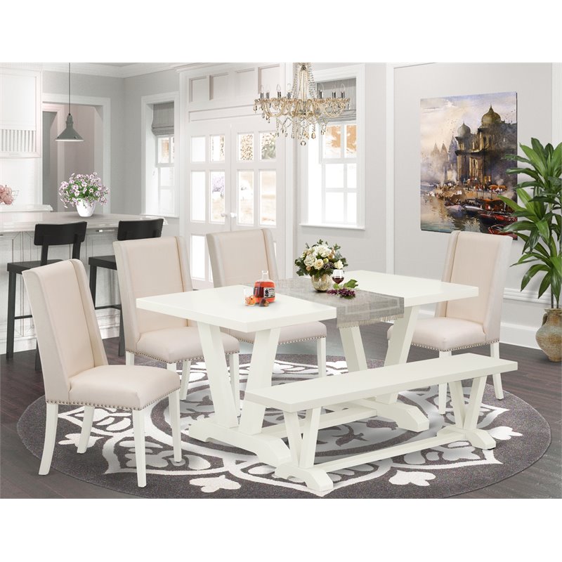 Pemberly Row 6-Piece Wood Dining Set with Bench in Linen White and Cream