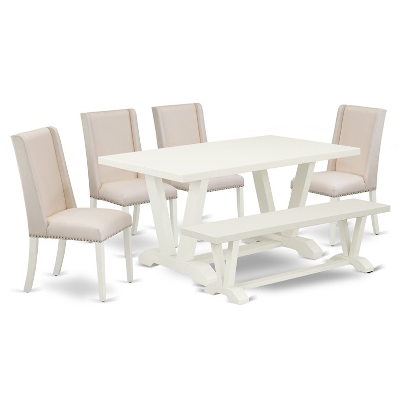 Pemberly Row 6-Piece Wood Dining Set with Bench in Linen White and Cream