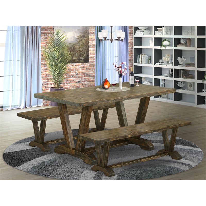 Pemberly Row 3-Piece Wood Dining Table and Bench Set in Jacobean Brown