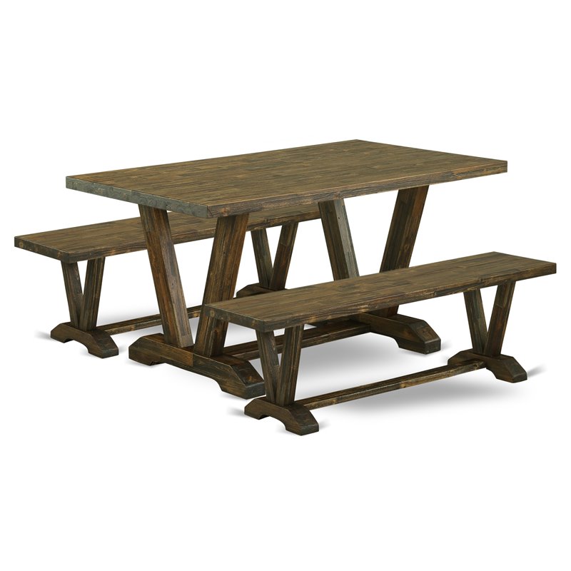 Pemberly Row 3-Piece Wood Dining Table and Bench Set in Jacobean Brown