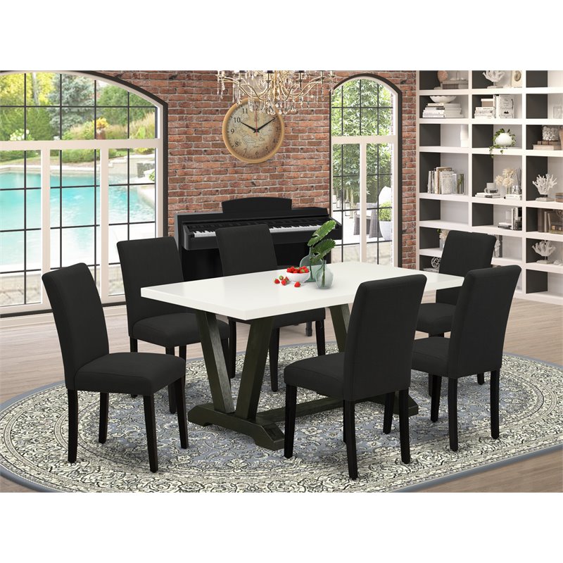 Pemberly Row 7-Piece Wood Dining Set in Linen White and Black Finishes