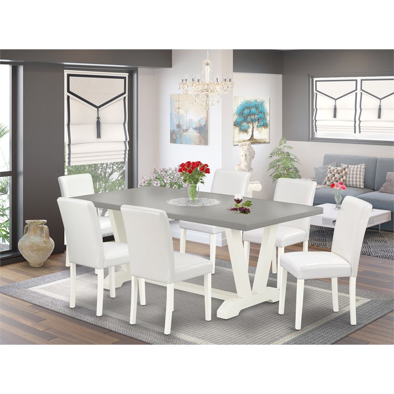 Pemberly Row 7-Piece Wood Dining Set in Linen White with Cement Finish Table