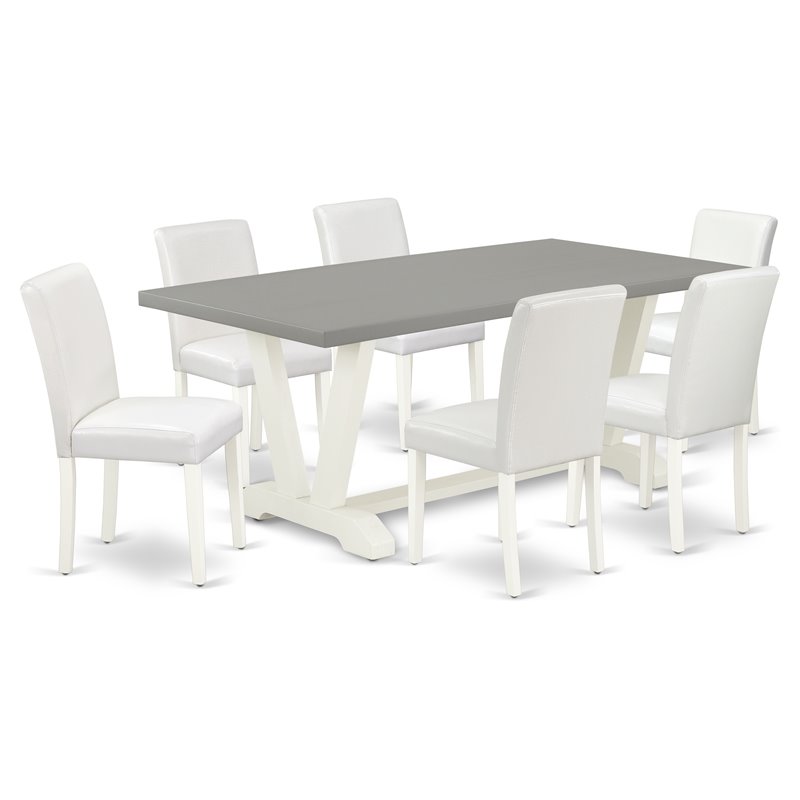 Pemberly Row 7-Piece Wood Dining Set in Linen White with Cement Finish Table
