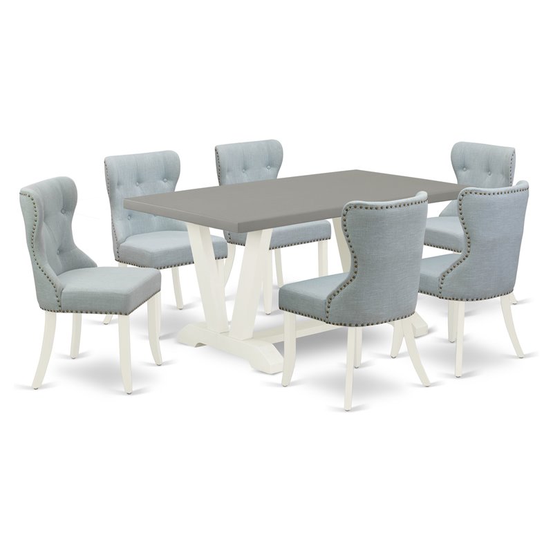 Pemberly Row 7-Piece Dining Set with Baby Blue Chairs and Cement Table Finish