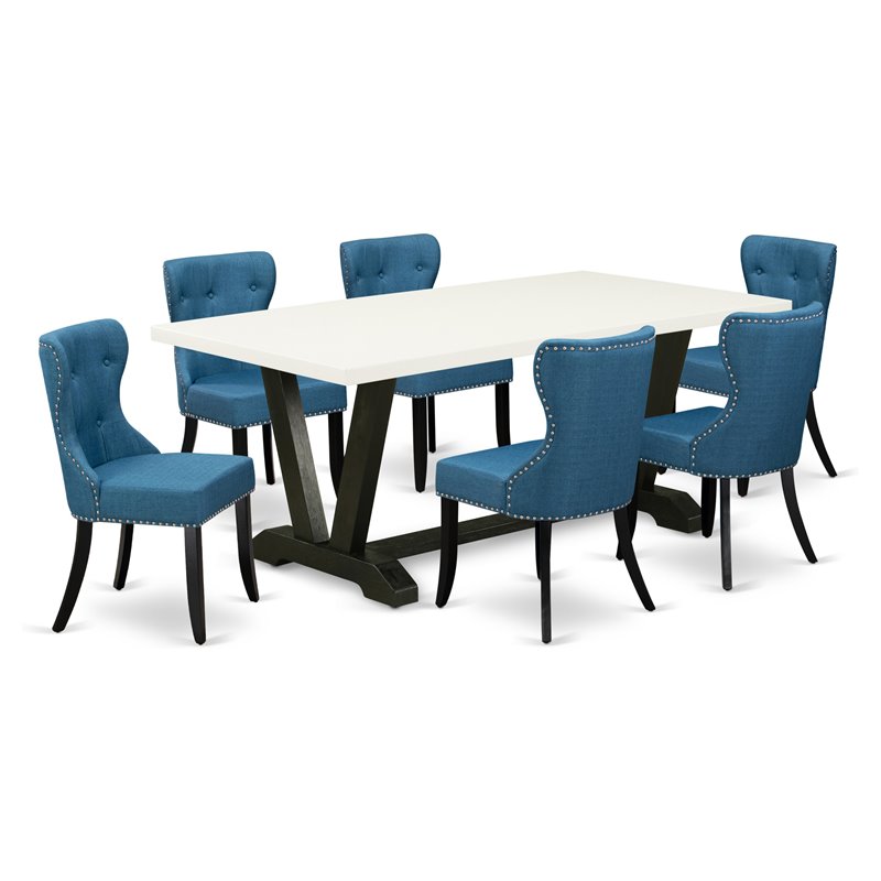 Pemberly Row 7-Piece White and Blue Dining Set with Rectangular Table