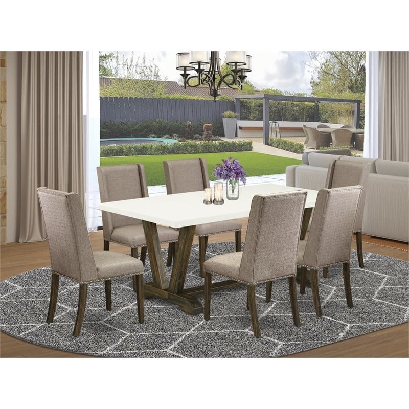 Pemberly Row 7-Piece Wooden Dining Set with Chairs in Dark Khaki Brown