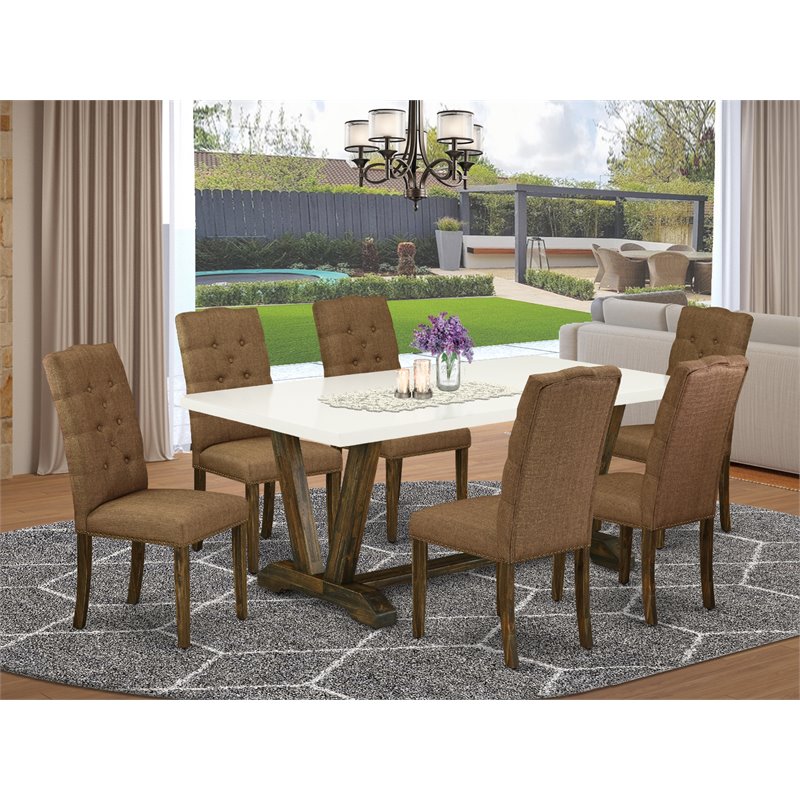 Pemberly Row 7-Piece Dining Set with Parson Chairs in Brown Smoke Finish