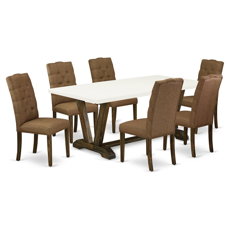 Pemberly Row 7-Piece Dining Set with Parson Chairs in Brown Smoke Finish