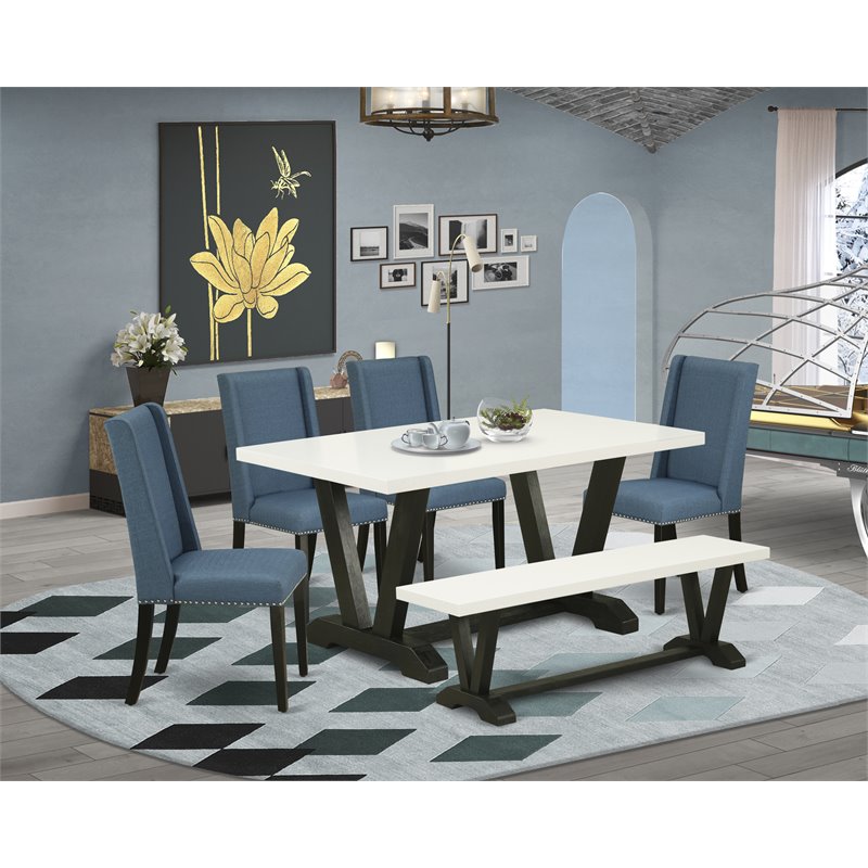 Pemberly Row 6-Pc Wood Dining Set with Bench in Black/Blue/White