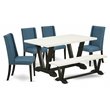 Pemberly Row 6-Pc Wood Dining Set with Bench in Black/Blue/White