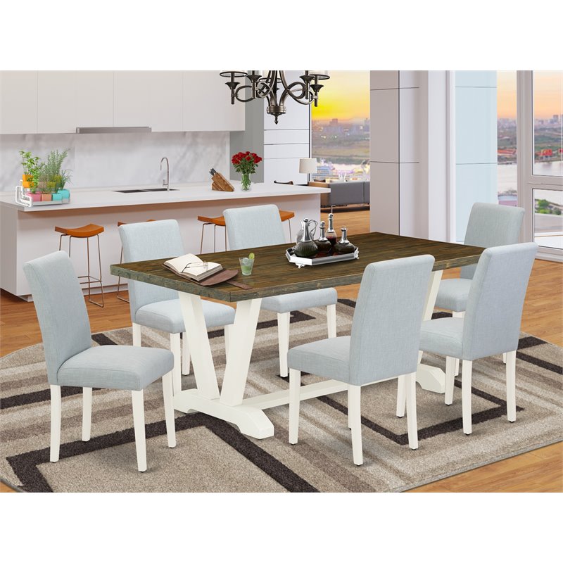 Pemberly Row 7-Piece Wood Dining Set in White with Blue Upholstered Chairs