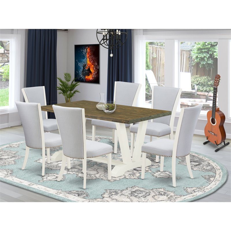 Pemberly Row 7-Piece Wood Dining Set in Linen White and Gray Fabric