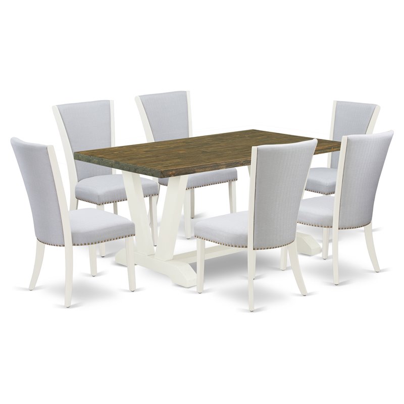 Pemberly Row 7-Piece Wood Dining Set in Linen White and Gray Fabric
