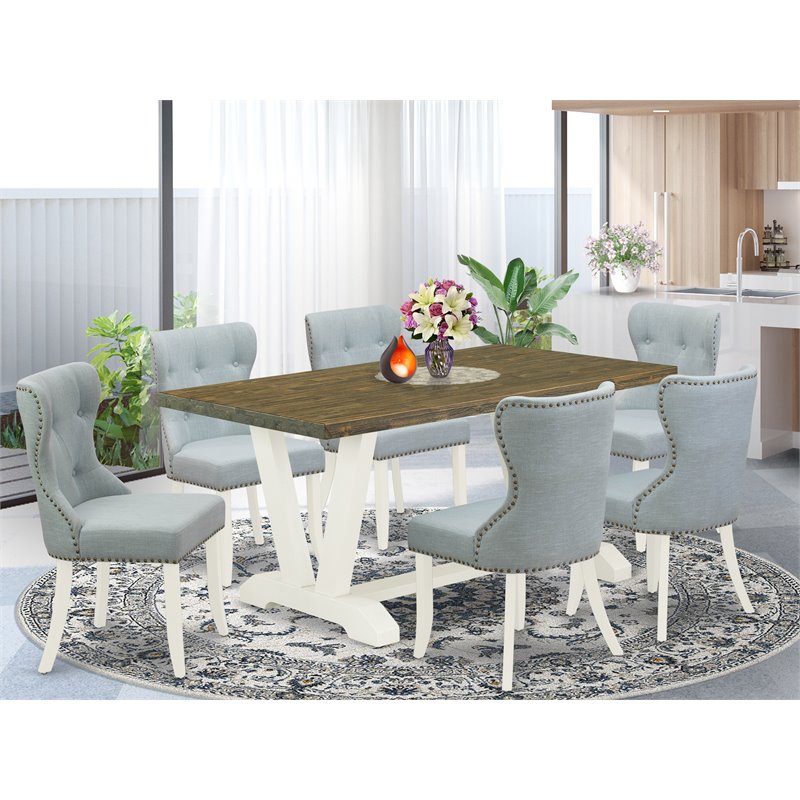 Pemberly Row 7-Piece Dining Set in Linen White and Baby Blue Finish
