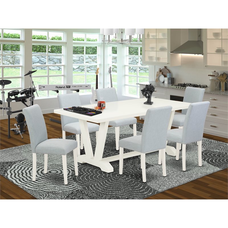 Pemberly Row 7-Piece Rubberwood Dining Set in Linen White/Baby Blue