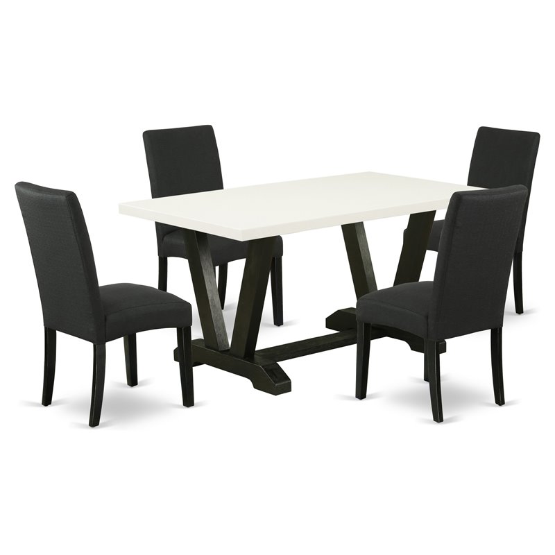 Pemberly Row 5-Piece Dining Room Set with White Table & Black Fabric Chairs