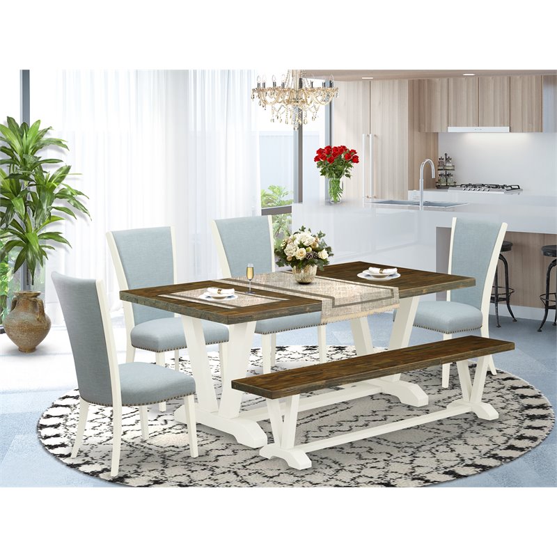 Pemberly Row 6-Piece Dining Table Set with Bench in Baby Blue Linen
