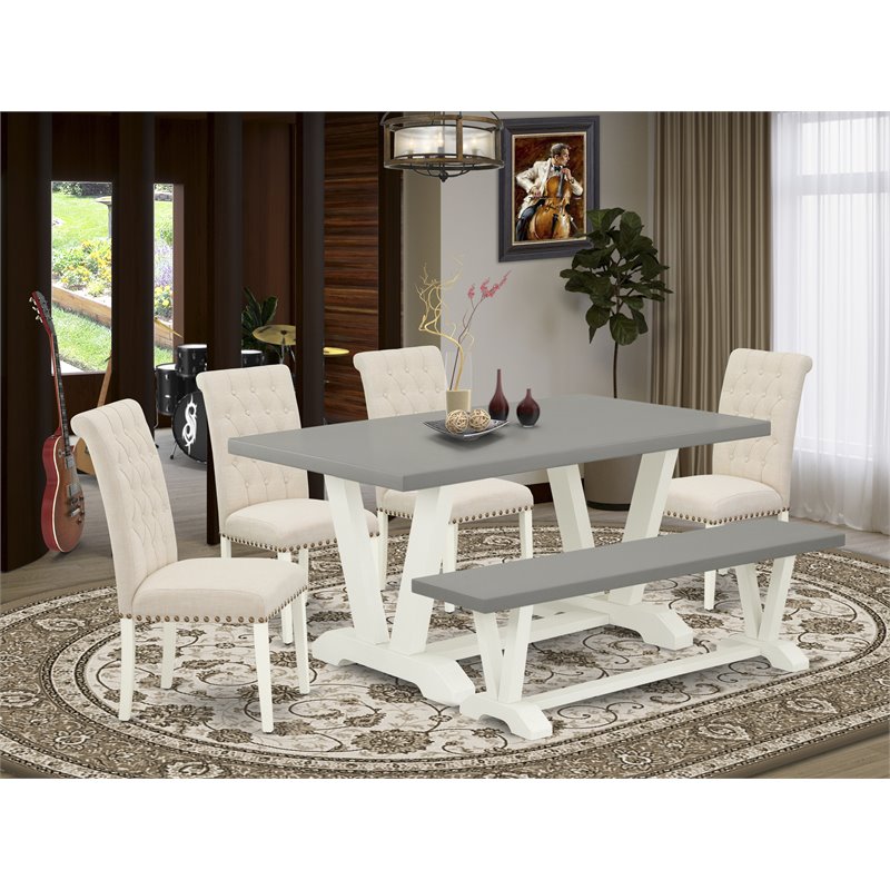 Pemberly Row 6-Piece Wood Dining Table Set in Linen White and Cement Finish