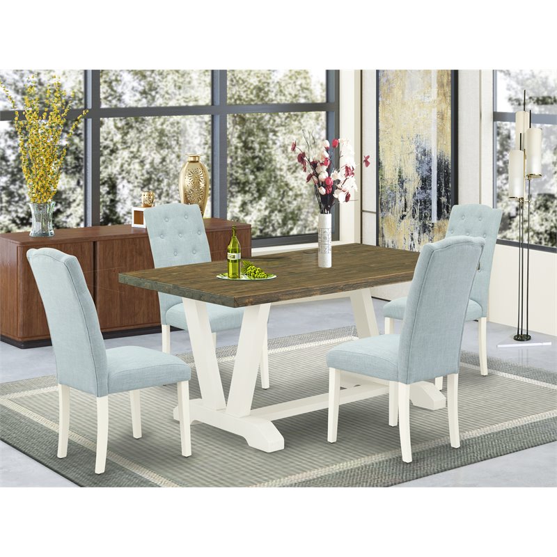 Pemberly Row 5-Piece Dining Set with Baby Blue Linen Chairs and Jacobean Table