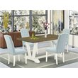 Pemberly Row 5-Piece Dining Set with Baby Blue Linen Chairs and Jacobean Table