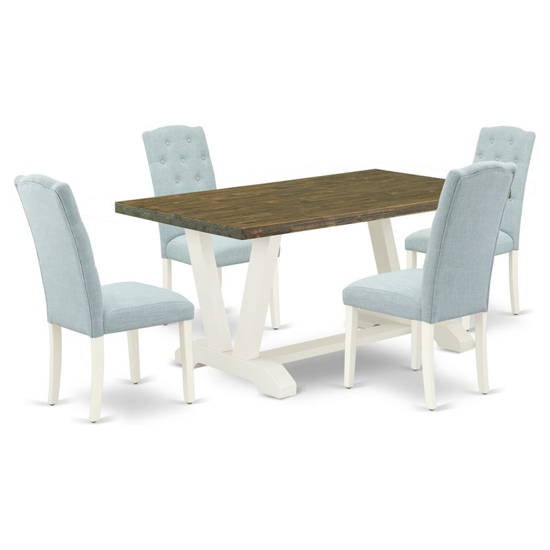 Pemberly Row 5-Piece Dining Set with Baby Blue Linen Chairs and Jacobean Table
