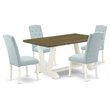 Pemberly Row 5-Piece Dining Set with Baby Blue Linen Chairs and Jacobean Table