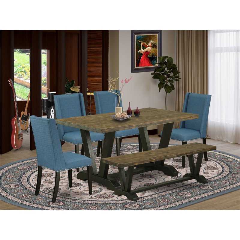 Pemberly Row 6-Piece Dining Set in Wire Brushed Black and Mineral Blue