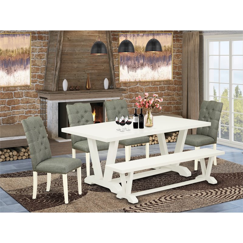 Pemberly Row 6-Piece Rubber Wood Dining Set in Linen White and Smoke