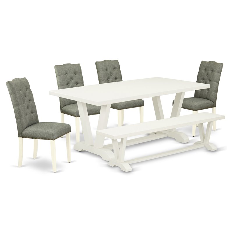 Pemberly Row 6-Piece Rubber Wood Dining Set in Linen White and Smoke