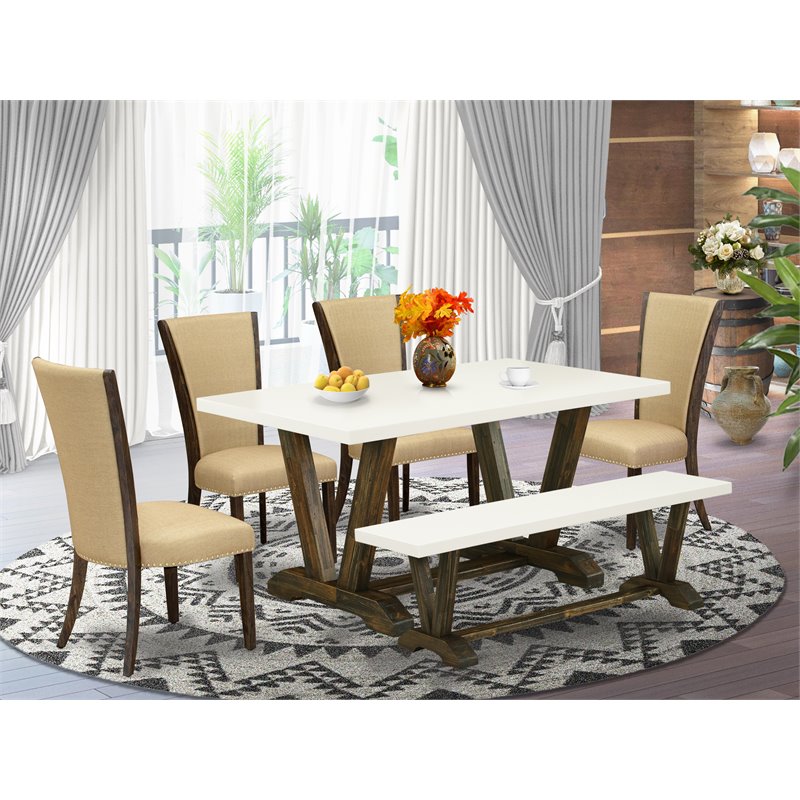 Pemberly Row 6-Piece Wood Dining Set in Jacobean Brown/White