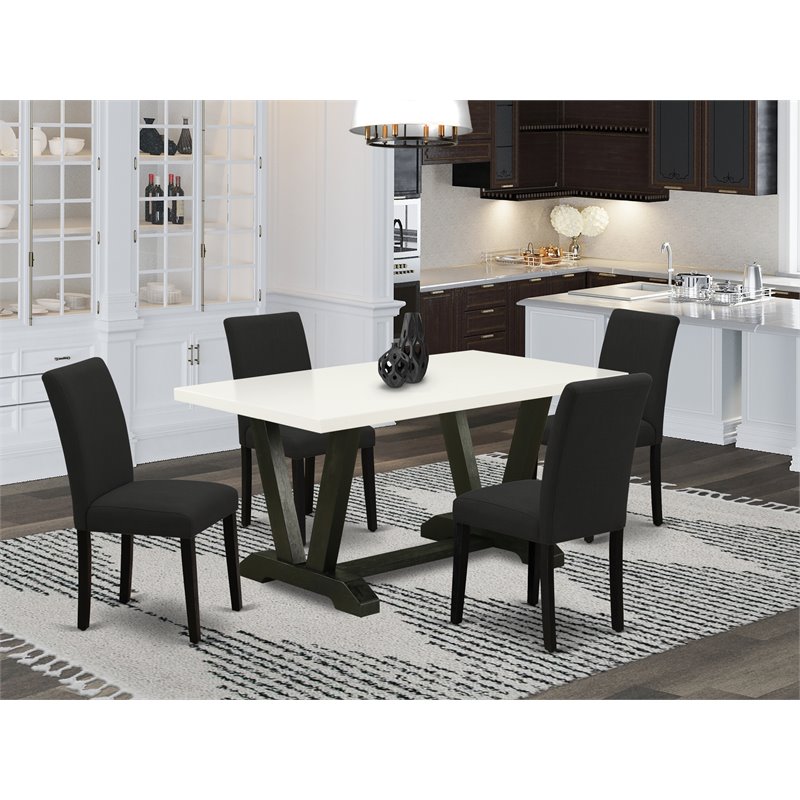 Pemberly Row 5-Piece Wood Kitchen Set with Linen Fabric Seats in Black