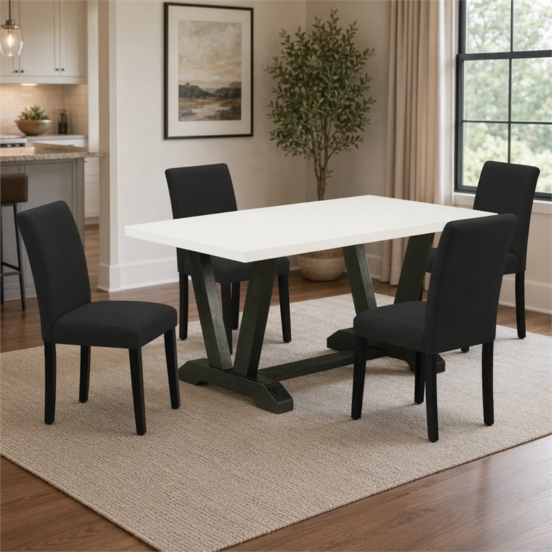 Pemberly Row 5-Piece Wood Kitchen Set with Linen Fabric Seats in Black