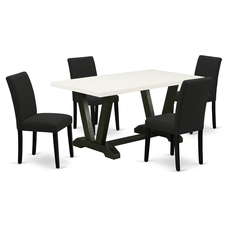 Pemberly Row 5-Piece Wood Kitchen Set with Linen Fabric Seats in Black