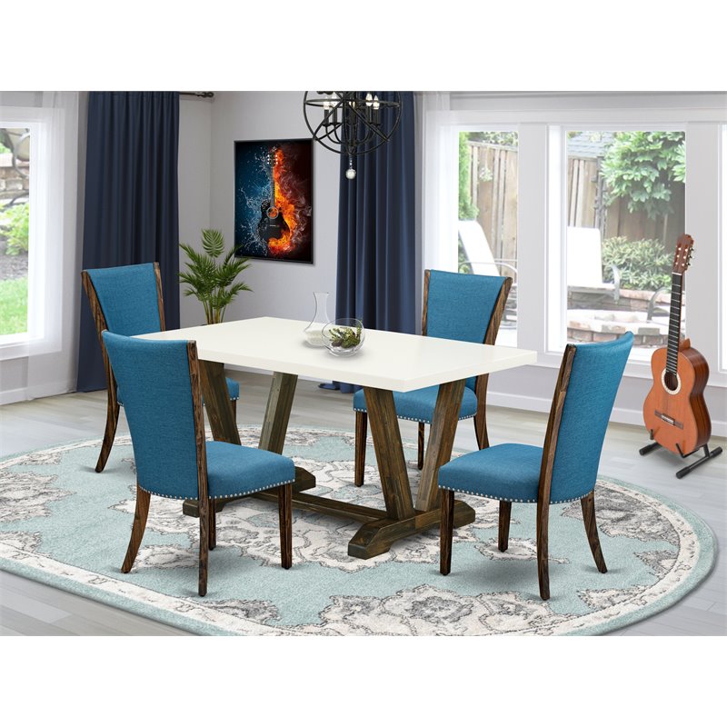 Pemberly Row 5-Piece Wood Dining Table Set with Blue Chairs in Linen White