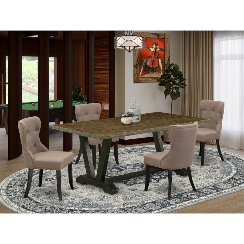 Pemberly Row 5-Piece Wood Dining Set with Tufted Coffee Chairs