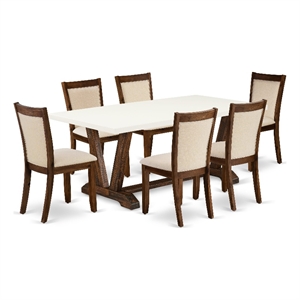 Pemberly Row 7PC Dining Table and 6 Light Beige Chairs in Distressed Jacobean