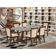 Pemberly Row Dining Table with 6 Light Beige Chairs in Jacobean Wood Finish