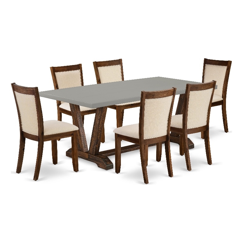 Pemberly Row Dining Table with 6 Light Beige Chairs in Jacobean Wood Finish