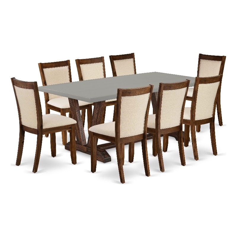 Pemberly Row Cement Dining Table with 8 Light Beige Chairs in Jacobean Finish