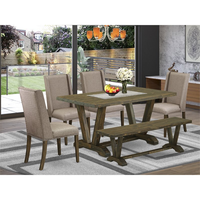 Pemberly Row 6-Piece Dining Set with Fabric Chairs and Bench in Jacobean